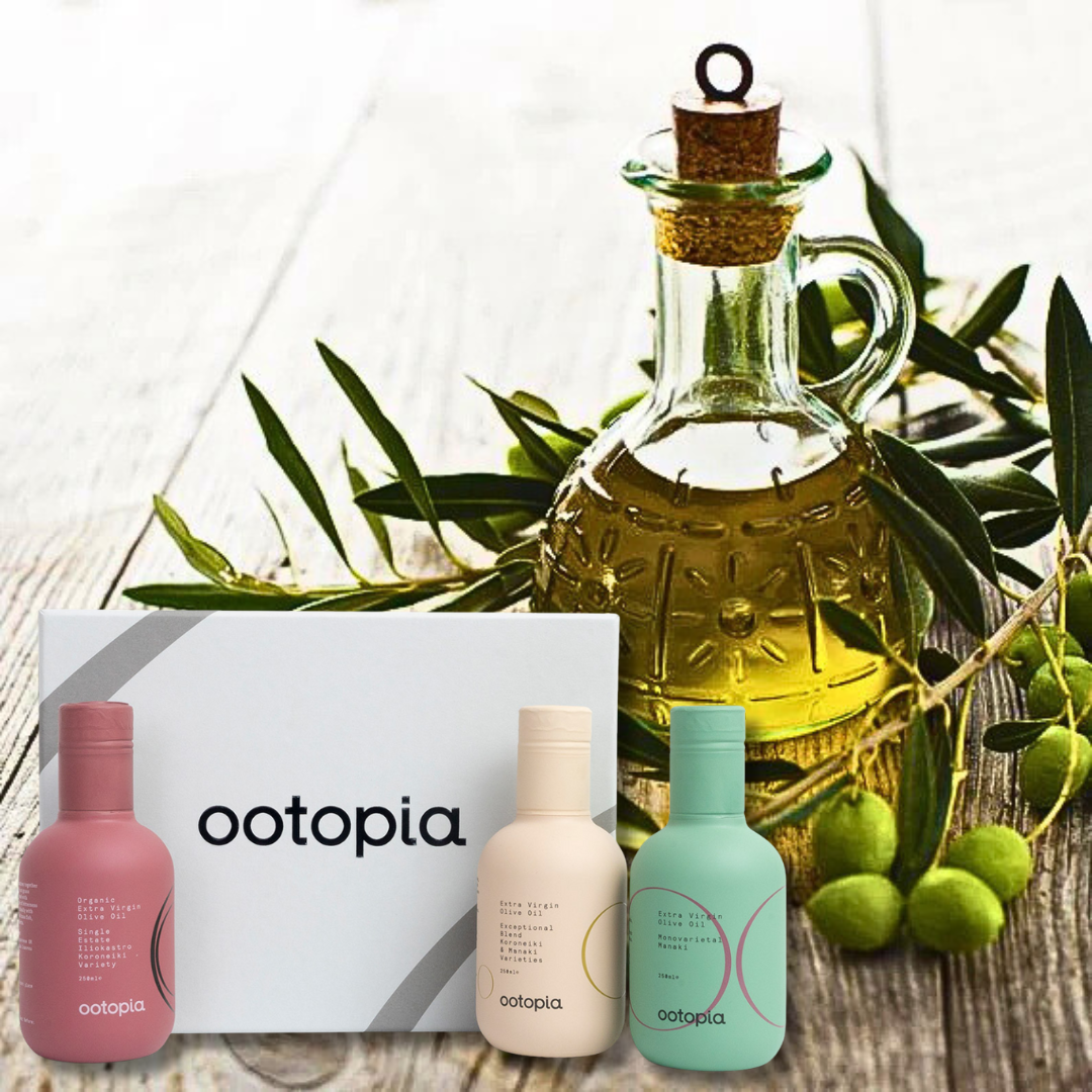 Pouring golden extra virgin olive oil with pink Ootopia Koroneiki bottle.